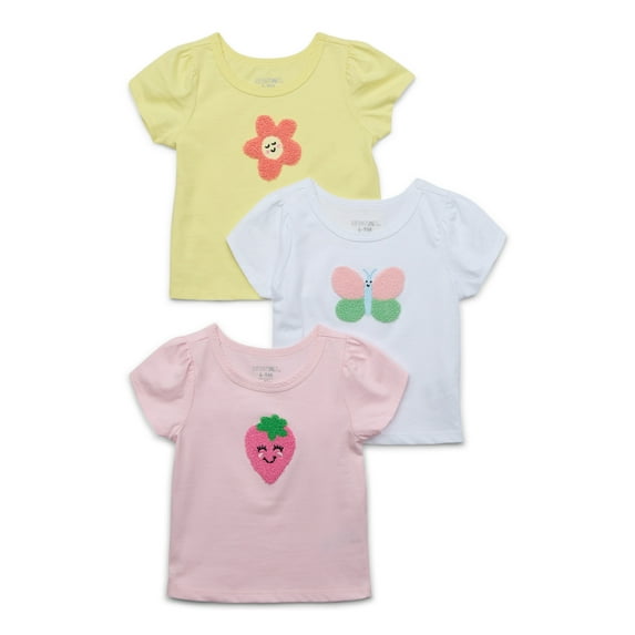 Garanimals Baby Girl Short Sleeve Embroidered Tees Multipack, 3-Pack, Sizes 0-24 Months