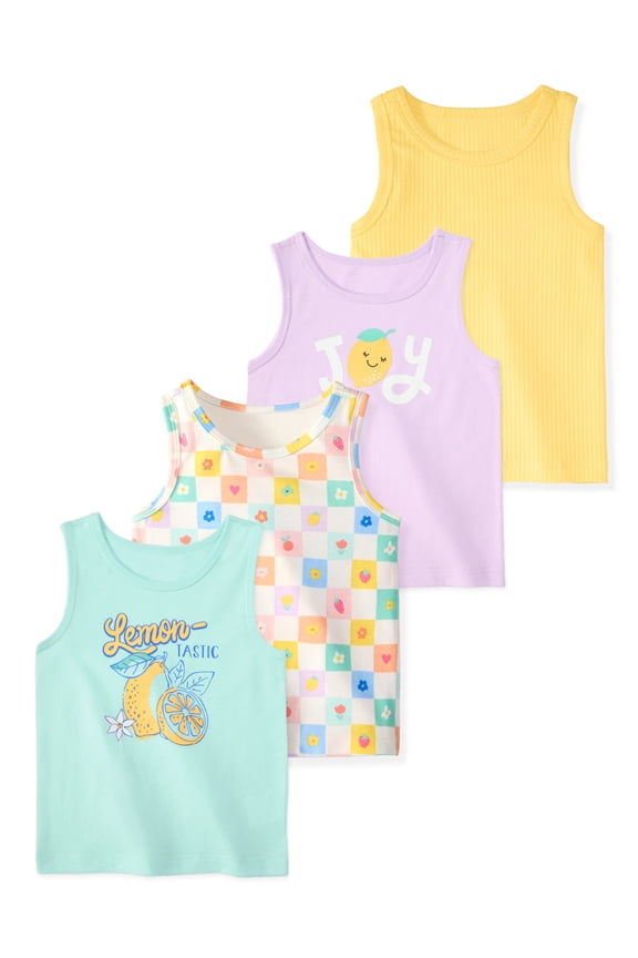 Baby & Toddler Girl Cotton Graphic Tank Tops, 4-Pack, 0M–6T