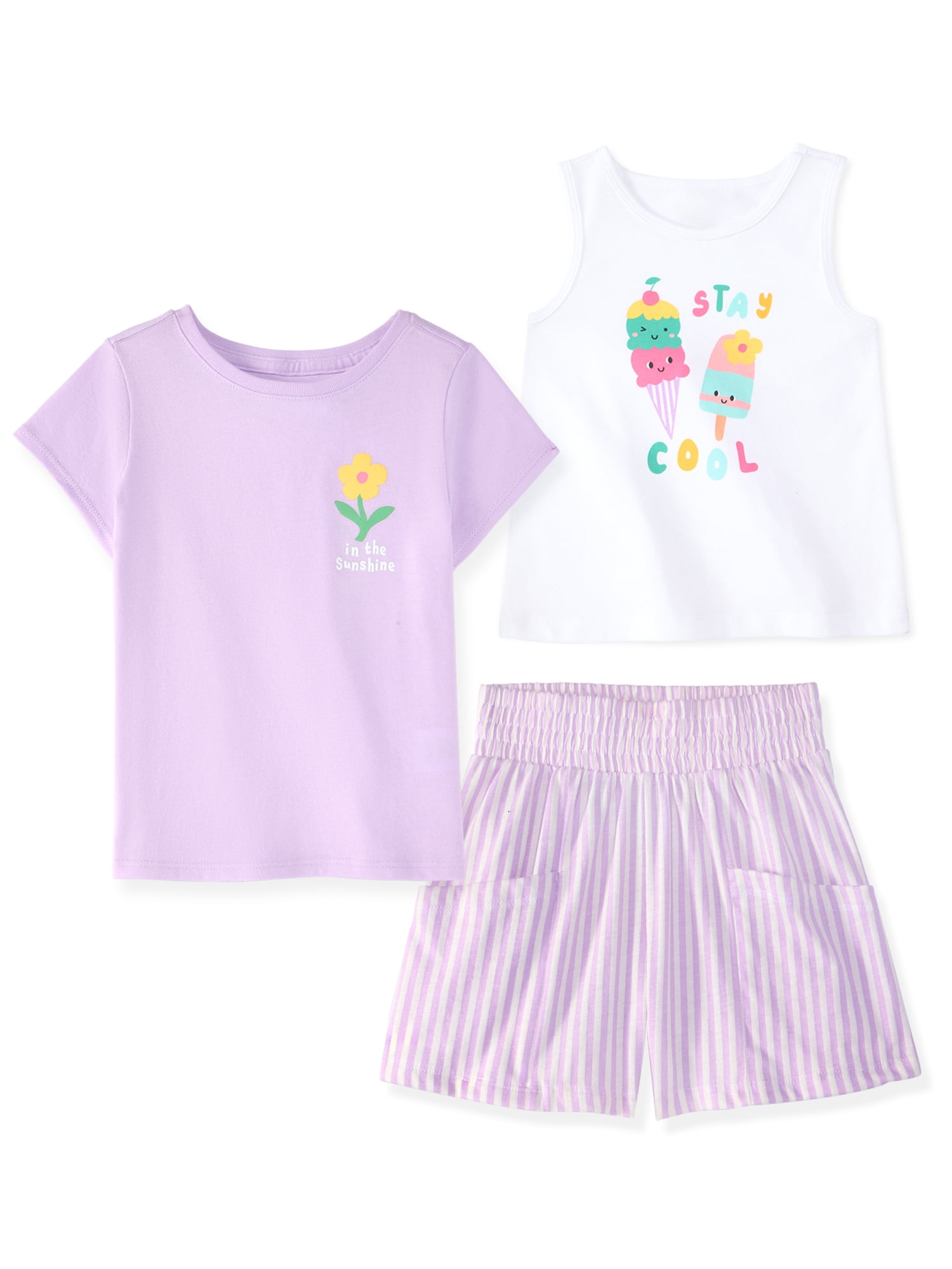 Garanimals Newborn, Baby & Toddler Girl Cotton 3-Piece Set, Tank, Tee & Pull-On Shorts, Sizes 0-6T