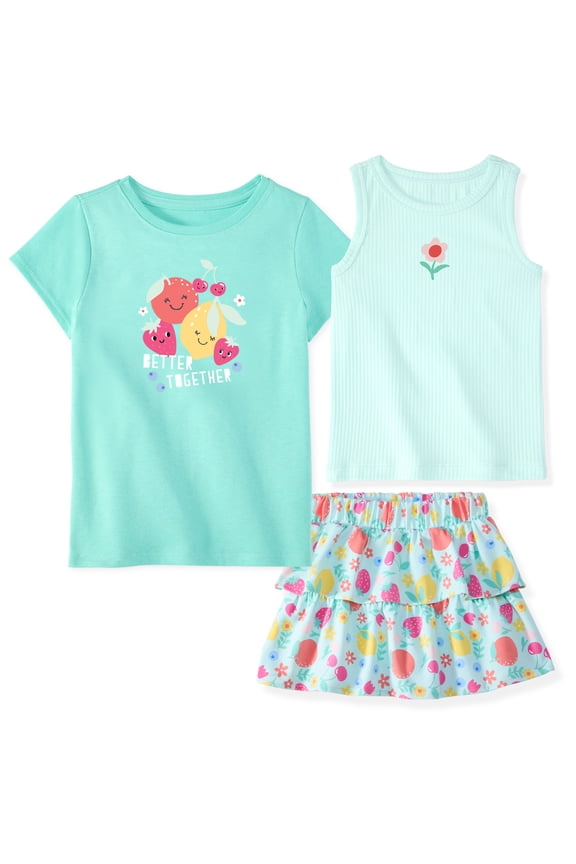 Newborn, Baby & Toddler Girl Cotton 3-Piece Set, Tank, Tee & Scooter Skirt, Sizes 0-6T