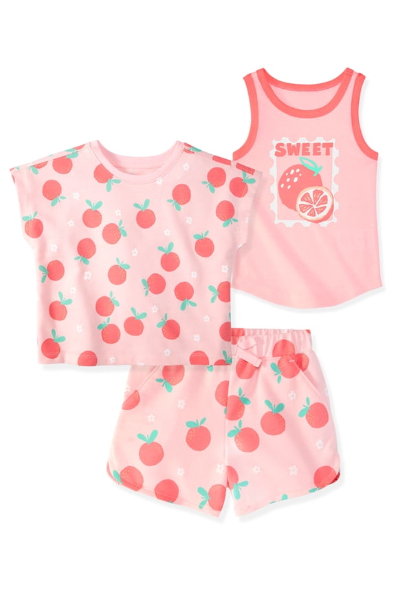 Baby & Toddler Girl Cotton Terry 3-Piece Set, Tank, Tee & Pull-On Shorts, 0M–6T