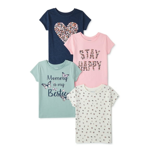 Garanimals Baby and Toddler Girls Short Sleeve Graphic Print T-Shirts, 4-Pack, Sizes 12M-5T