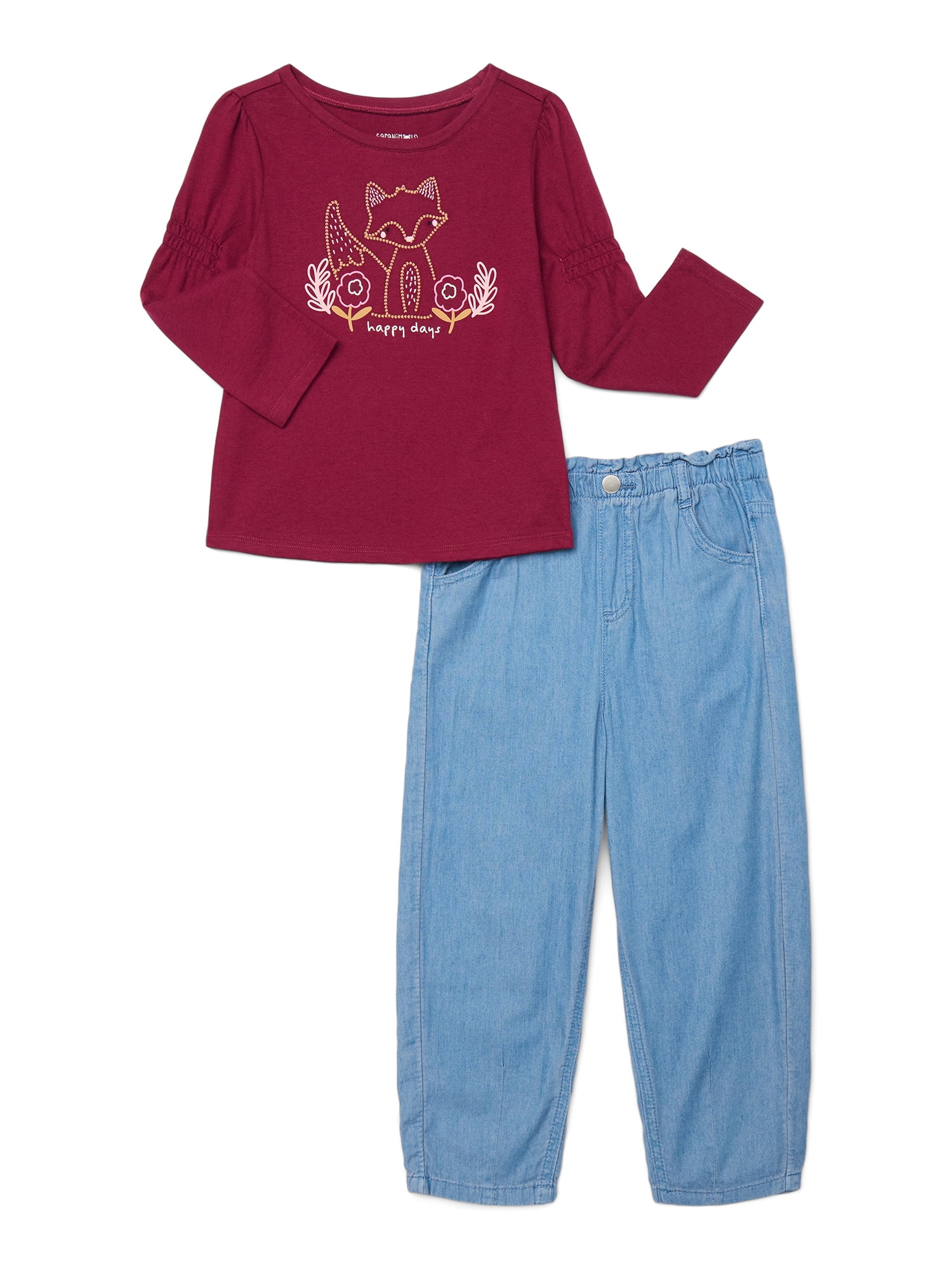 Garanimals Toddler Girl 2-Piece Long Sleeve Tee & Paperbag Waist Denim Pants Set, 18M-5T