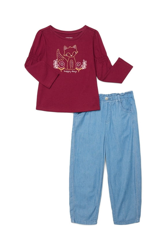 Toddler Girl 2-Piece Long Sleeve Tee & Paperbag Waist Denim Pants Set, 18M-5T