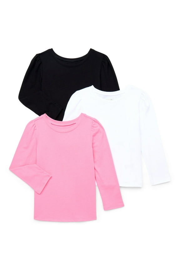 Toddler Girls Puff Long Sleeve Solid Tees, 3-Pack, Sizes 18M-5T