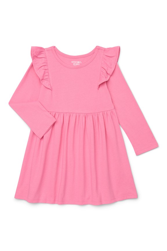 Toddler Girl Long Sleeve Solid Dress with Ruffle Shoulders, Sizes 18M-5T