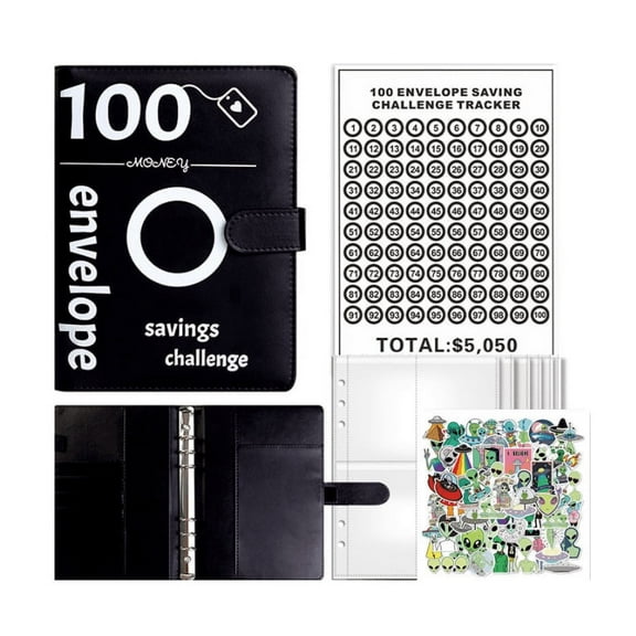 Garayma 100 Envelopes Challenge Binder, with 50pcs Stickers Money Saving Challenge Book Plan Budget Save Cash Money Save $5,050 for Parents Lovers Friends Black