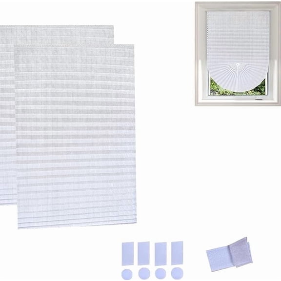 Yogsey 2PCS Ripple Shape Temporary Light Filtering Paper Shades for Windows, Cordless No Drill Self Adhesive Pleated Paper Blinds Free Cut Size 50% Light Filtering Shades for Room Bedroom Kitchen