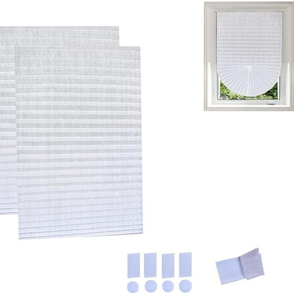 Garayma 2PCS Ripple Shape Temporary Light Filtering Paper Shades for Windows, Cordless No Drill Self Adhesive Pleated Paper Blinds Free Cut Size 50% Light Filtering Shades for Room Bedroom Kitchen