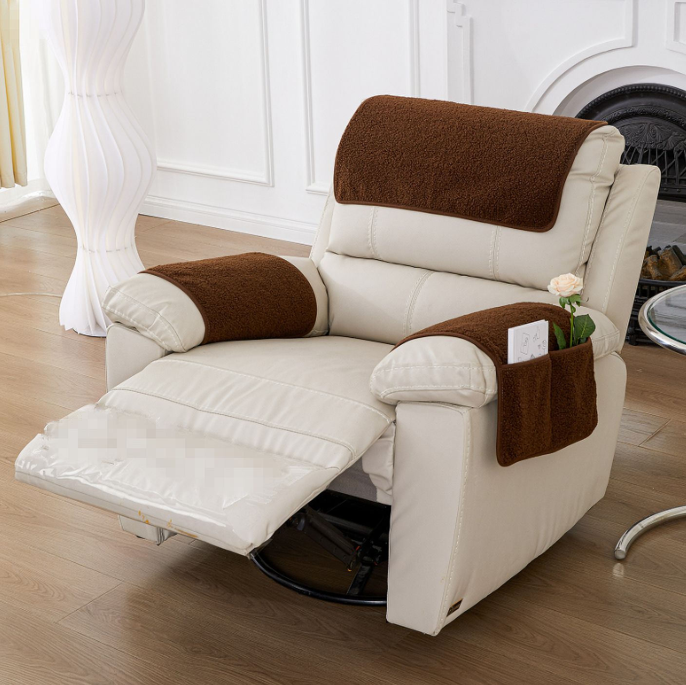 Garayma 3 Pcs Recliner Covers Armrest Covers with Storage Pockets Headrest Cover Armchair Slipcovers Sofa Recliner Protector Coffee
