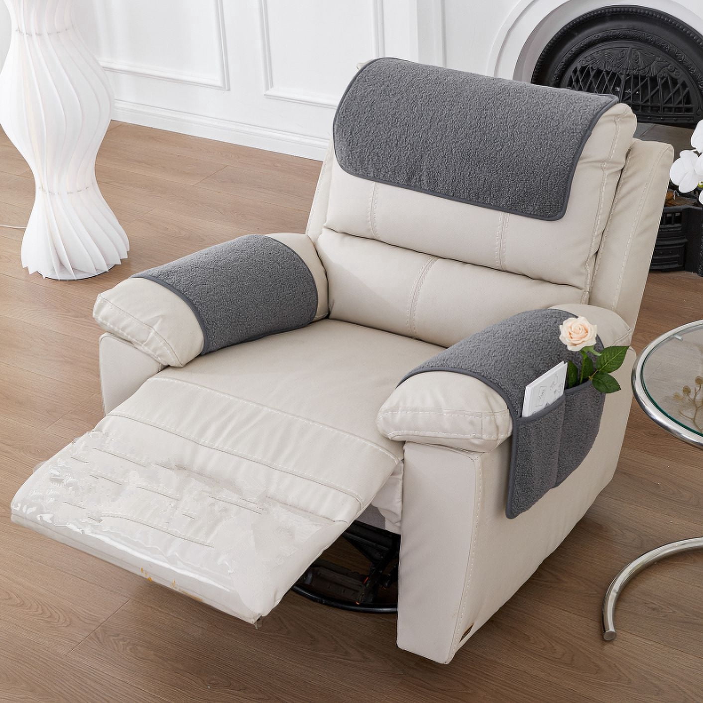 Yogsey 3 Pcs Recliner Covers Armrest Covers with Storage Pockets Headrest Cover Armchair Slipcovers Sofa Recliner Protector Light Grey