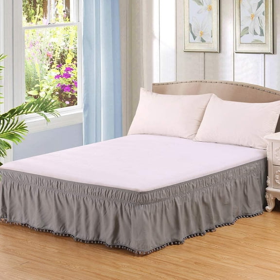 Garayma Pom Pom Bed Skirt Adjustable Elastic Easy Wrap Around Dust Ruffles with 15 inch Drop Light Grey Full(54"X75")