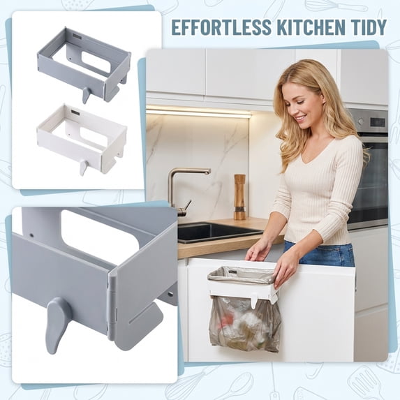 Garbage Bag Holder Wall Mounted Trash Bag Holder Foldable Garbage Bag Rack No Drill Kitchen Trash Bag Dispenser Storage Rack for Cabinet Door Kitchen Organizer