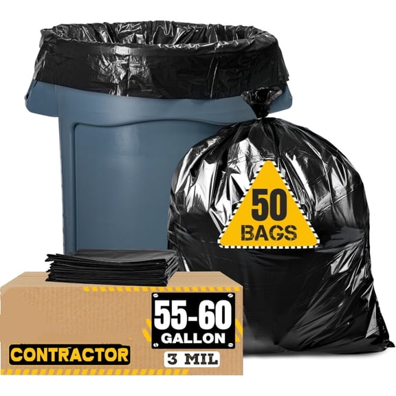 Garbage Bags 55 Gallon, 3 Mil Black Contractor Garbage Bag (50 Bags w/Ties) Large 55 Gallon Trash Bags Heavy Duty Liners, Extra Large Trash Liners for Construction