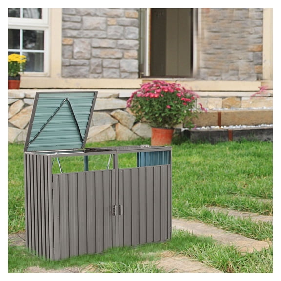 Garbage Bin Shed - 2 Trash Can Storage - Metal Outdoor Bin Enclosure - Galvanized Steel - Garden Yard Waste Container - Grey