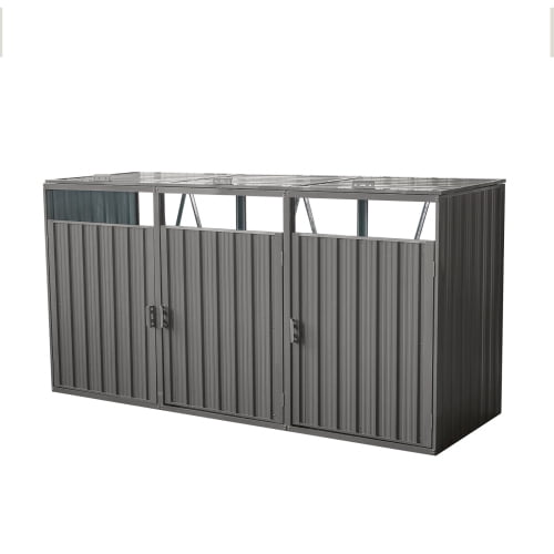 Garbage Bin Shed Holds 3 Trash Cans | Outdoor Galvanized Steel Garbage Storage Shed | Stainless Metal Weather-Resistant Bin Shed for Garden, Yard, Lawn, Patio & Driveway | Grey