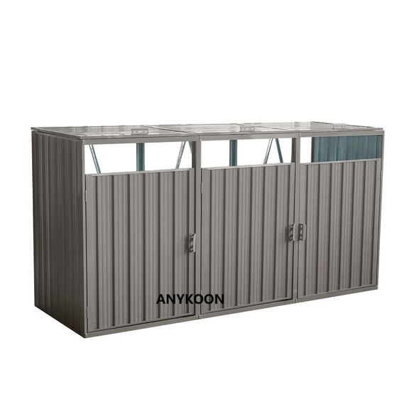 Anykoon Garbage Bin Shed Stores 3 Trash Cans Metal Outdoor Bin Shed for Garbage Storage,rust-proof and scratch- resistant,Stainless Galvanized Steel, Bin Shed for Garden Yard Lawn, Gray