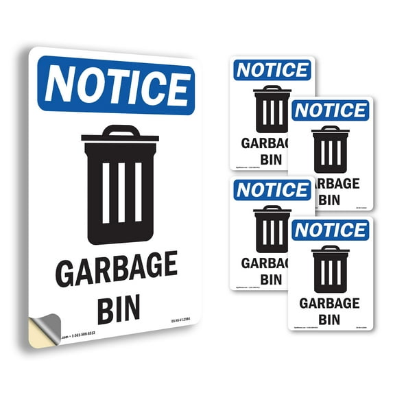 Garbage Can With Symbol OSHA Notice Vinyl Decal Label 7 Inch x 5 Inch - 5 Pack