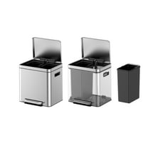 Garbage Cans, Stainless Steel Double Trash Can with Recycling Bin, Soft-Close Lid, Step-on Wastebaskets, with Removable Plastic Inner Buckets