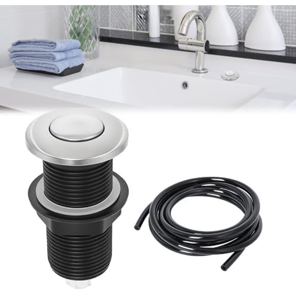 Garbage Disposal Air Switch Button with Hose, 304 Stainless Steel Top Cap | Sink top push button, ABS body, air-activated operation, replacement for disposal air switches, kitchen sink installation