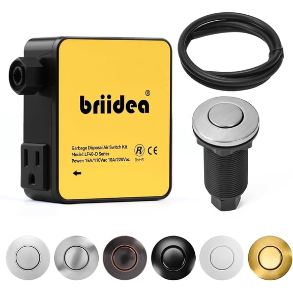 Garbage Disposal Air Switch Kit Sink Top Waste Disposal Long Stainless Steel Brushed Nickel On/Off Air Button Food and Waste Disposals Part by Briidea, UL Listed