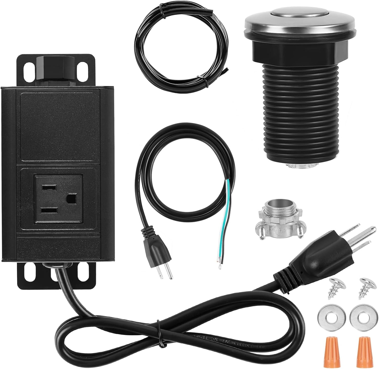 Garbage Disposal Air Switch Kit with Power Cord Kit, Sink Top Waste Disposer Stainless Steel On/Off Push 2.5" Button, Aluminum Alloy Power Module, Food Waste Disposals Replacement Parts