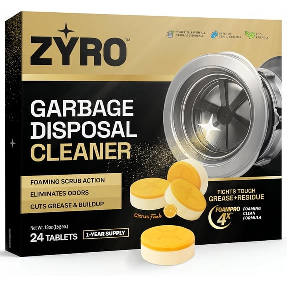 Garbage Disposal Cleaner and Deodorizer | 24 Pack | Kitchen Sink Cleaner Tablets | Eliminates Odor | Fights Grease & Buildup | Foaming Scrub Action | Citrus Fresh | 1 Year Supply | Zyro