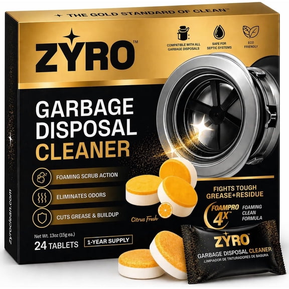 Garbage Disposal Cleaner and Deodorizer | 24 Pack Kitchen Sink Tablets Eliminates Odor Fights Grease & Buildup Foaming Scrub Action Citrus Fresh 1 Year Supply Zyro