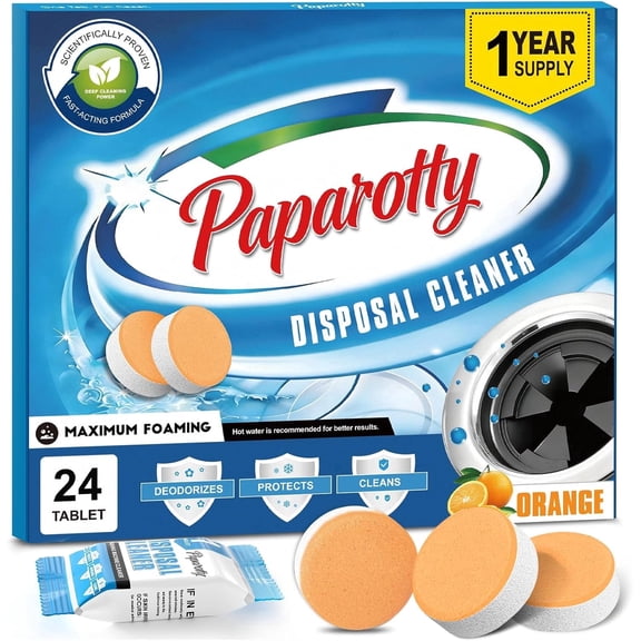 Garbage Disposal Cleaner And Deodorizer Tablets 24 Pack - 1 Year Supply Kitchen Sink Cleaner And Deodorizer, Septic Safe Foaming clean, Orange Scent, Removes Odor-Causing Residues