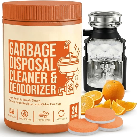 Garbage Disposal Cleaner and Deodorizer Tablets 24-Pack Citrus Foaming Tablets for Garbage Disposal, Kitchen Sink and Drain Cleaner, Orange Scent - Garburator, Disposer Freshener
