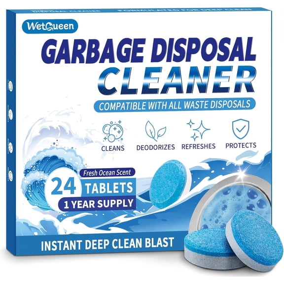 Garbage Disposal Cleaner and Deodorizer Tablets - 24 Pack, Fresh Ocean Scent, Powerful XL Foaming Drain Odor Eliminator, Sink & Garburator Freshener, Deep Cleaning, Septic Safe, 1 Year Supply