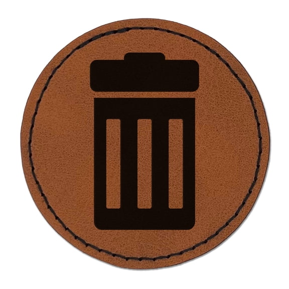 Garbage Trash Can 2.5" Faux Leather Round Engraved Iron-On Patch - Brown