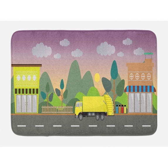 Garbage Truck Bath Mat, View from the City Waste Machine Transporting Dump Clean Environment, Plush Bathroom Decor Mat with Non Slip Backing, 29.5" X 17.5", Multicolor, by Ambesonne
