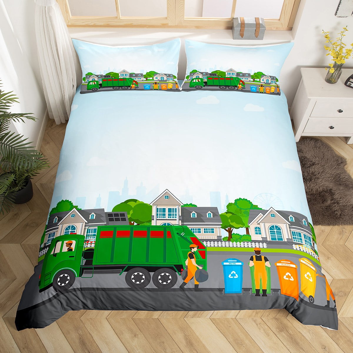 Garbage Truck Bedding Set Twin Size Toddler Green Truck Duvet Cover for Kids Boys Powered Waste Management Recycling Trash Truck Comforter Cover City Waste Recycling Quilt Cover Microfibre Soft Walmar...