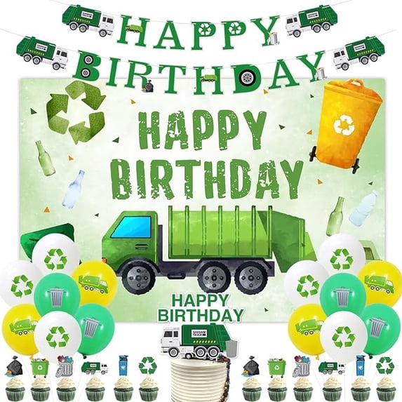 Garbage Truck Birthday Party Decorations Trash Truck Happy Birthday Backdrop Banner Garland Green Recycle Themed Cupcake Toppers Balloons for Boy’s Waste Management Trash Recycling Party Supplies