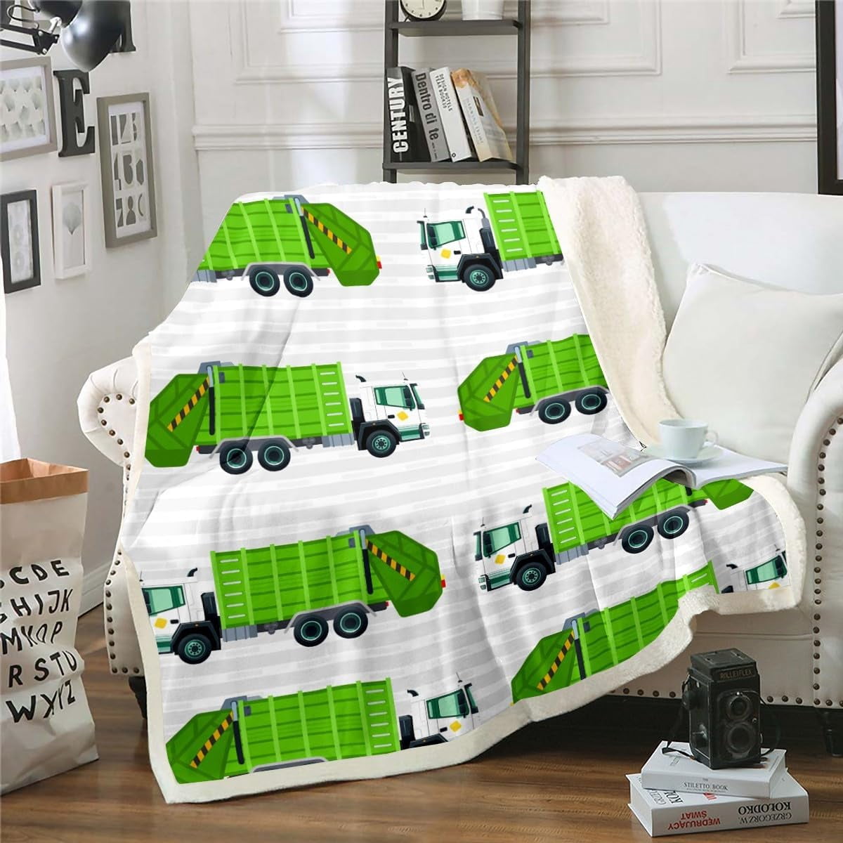 Garbage Truck Blanket Boys Cartoon car Theme Throw Blanket for Kids Girls Child Grey and White Stripes Fleece Blanket for Bed Sofa Couch Travel Soft and Lightweight Twin 60"x80"