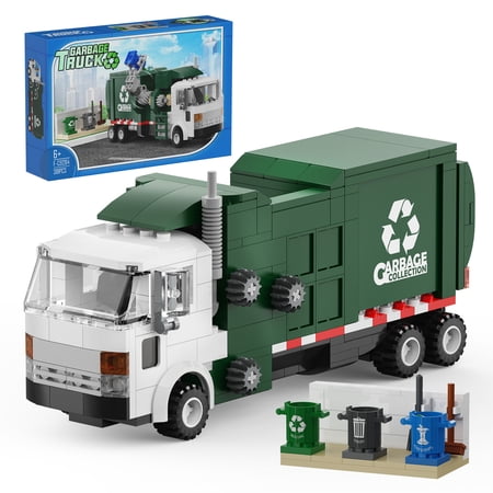 Garbage Truck Building Kit,City Recycling Truck Building Toy with 3 Trash Cans,Recycling Truck Model Compatible with Lego,Gift Idea for Kids, Educational Sustainable Living Series