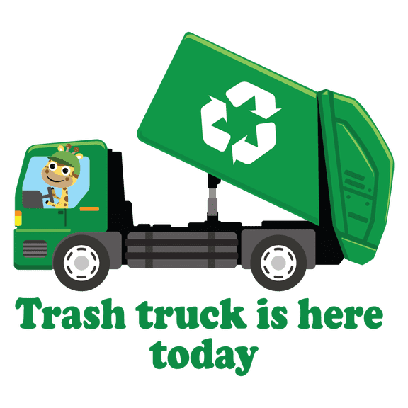 Garbage Truck with Cute Animal Inside Artwork for Nursery Vinyl Wall Decal - Dump Vehicle with Giraffe Riding and the Phrase Trash Truck is Here Today for Kid's Bedroom Wall Decoration - Recycle Symbo
