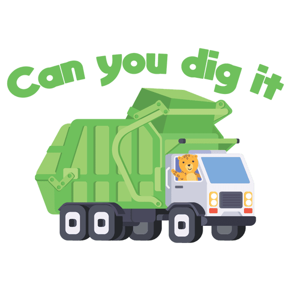 Garbage Truck with Cute Animal Inside Artwork for Nursery Vinyl Wall Decal - Dump Vehicle with Tiger Riding and the Phrase Can You Dig It for Kid's Bedroom Wall Decoration - Recycle Symbol on a Huge G