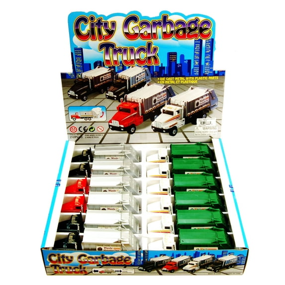 Garbage Truck Diecast Car Package - Box of 12 6 Inch Scale Diecast Model Cars, Assorted Colors