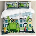 thumbnail image 1 of Garbage Truck Duvet Cover Set Queen Size, Truck on the Road with Houses on the Background Men Picking the Trash, Decorative 3 Piece Bedding Set with 2 Pillow Shams, Multicolor, by Ambesonne, 1 of 3