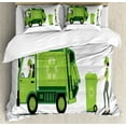 thumbnail image 1 of Garbage Truck Duvet Cover Set Queen Size, Trash Picking Done by Staff Green Monochrome Recycling Themed Cartoon, Decorative 3 Piece Bedding Set with 2 Pillow Shams, Apple Green White, by Ambesonne, 1 of 3