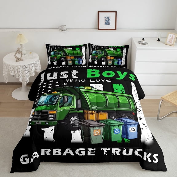 Garbage Truck Full Bedding Set,Teens Comforter Set Bed Set Men Bedroom Decor,Cute Green Recycling Car 3 Pieces Quilt Set,Vintage American Flag Duvet Insert,2 Pillow Cases