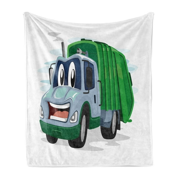 Garbage Truck Soft Flannel Fleece Blanket, Mascot Cartoon Illustration of a Trash Vehicle with a Weird Smile Funny Theme, Cozy Plush for Indoor and Outdoor Use, 50" x 60", Multicolor, by Ambesonne