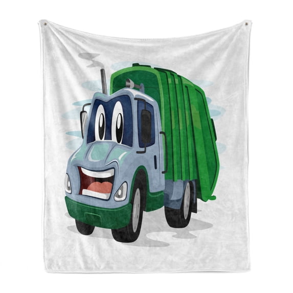 Garbage Truck Soft Flannel Fleece Blanket, Mascot Cartoon Illustration of a Trash Vehicle with a Weird Smile Funny Theme, Cozy Plush for Indoor and Outdoor Use, 60" x 80", Multicolor, by Ambesonne