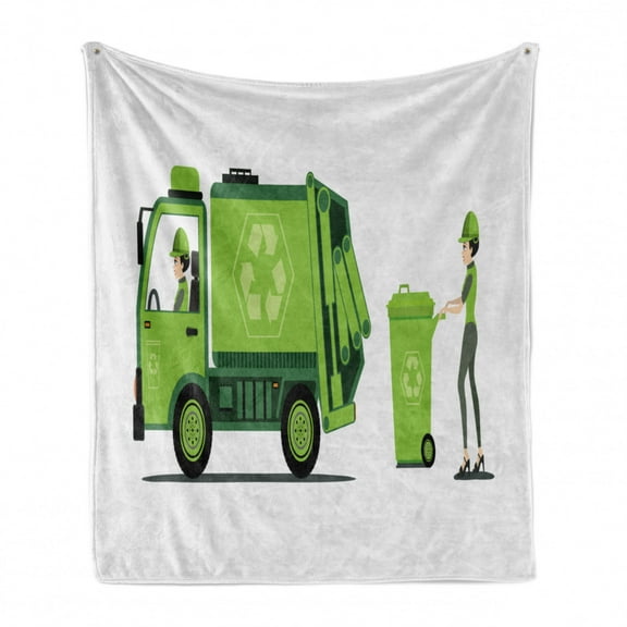 Garbage Truck Soft Flannel Fleece Blanket, Trash Picking Done by Staff Green Monochrome Recycling Themed Cartoon, Cozy Plush for Indoor and Outdoor Use, 60" x 80", Apple Green White, by Ambesonne