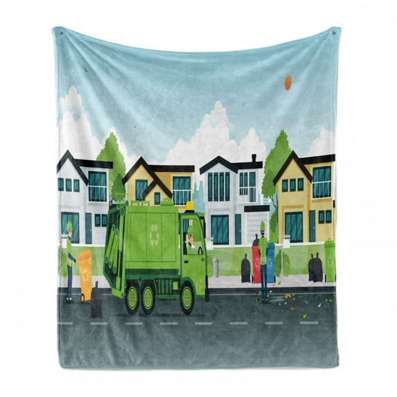 Garbage Truck Soft Flannel Fleece Throw Blanket, Truck on the Road with Houses on the Background Men Picking the Trash, Cozy Plush for Indoor and Outdoor Use, 60" x 80", Multicolor, by Ambesonne