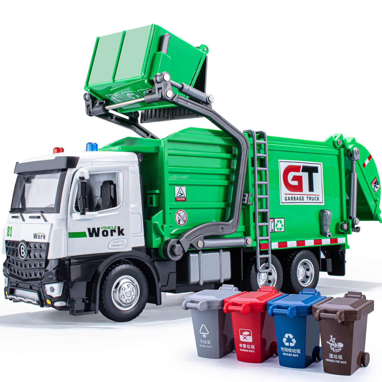 Garbage Truck Toys Set Includes Dumpster, 4 Trash Bins and Learning Cards for Kids, Large Friction Powered Trash Truck Toy with Light and Sounds, Boy Toys Birthday Gift for Boys Girls Toddler