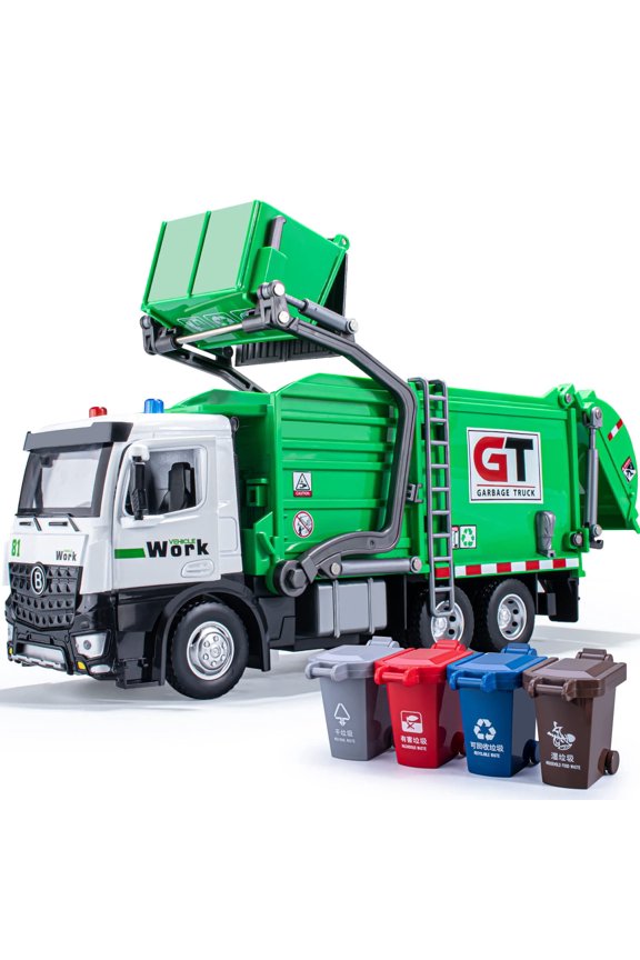 Toy Vehicles, Garbage Truck Toys Set Includes Dumpster, 4 Trash Bins and Learning Cards for Kids, Large Friction Powered Trash Truck Toy w/ Light and Sounds, Boy Toys Birthday Gift for Toddler
