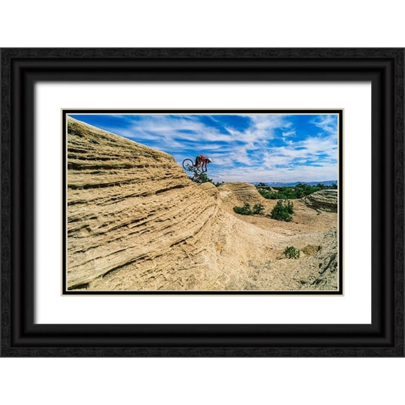 Garber, Howie 32x22 Black Ornate Wood Framed with Double Matting Museum Art Print Titled - Mountain biker balances courage and danger and attempting to avoid crash on Red Rock-Utah-USA (MR)